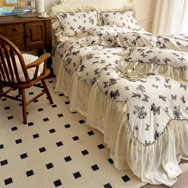Vintage French Black Butterfly Flowers Print Egyptian Cotton Bedding Set
